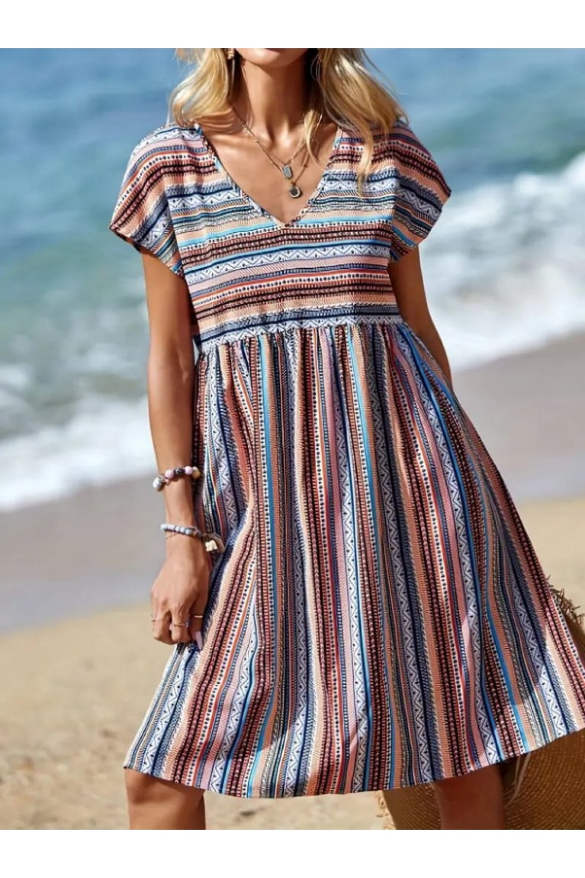 Women's Short Sleeve V-Neck Pleated Detail Linen Dress, 16395